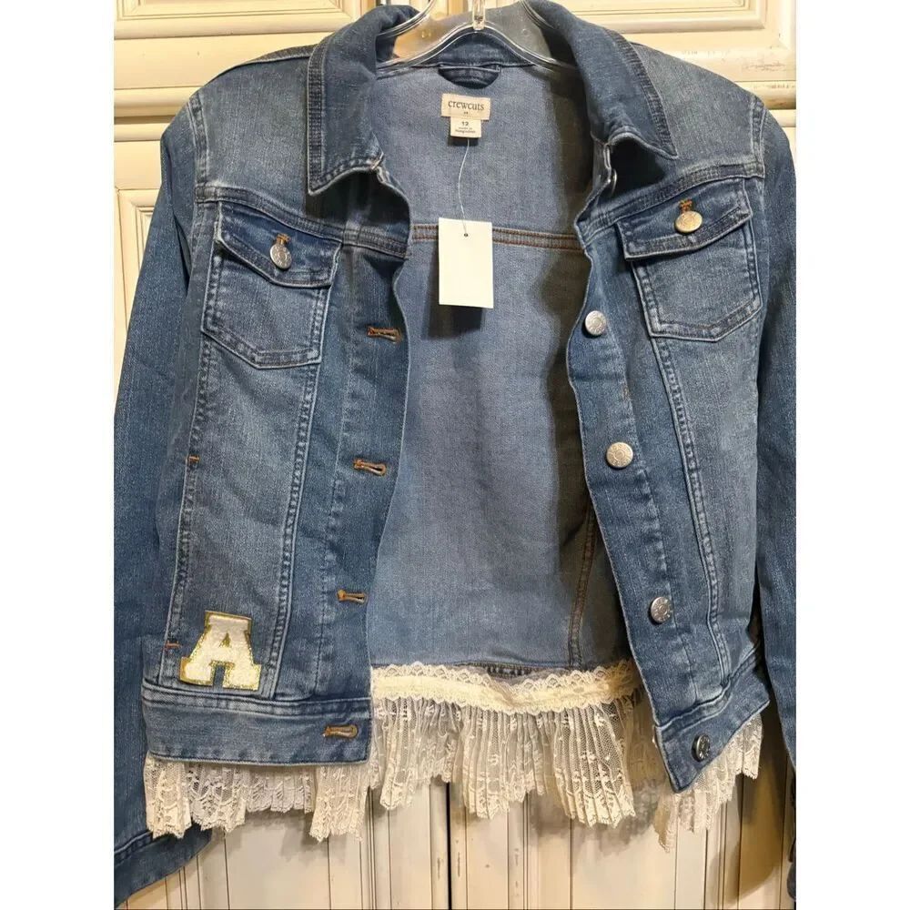 Crewcuts Girls Button Front Lace Trim Denim Jacket Medium Wash Blue Size 12 NWT